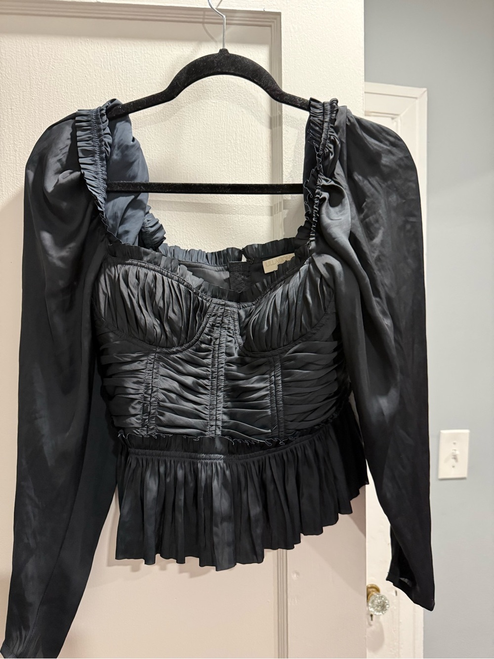 Ulla Johnson Black Ruched Bustier Blouse with Puff Sleeves